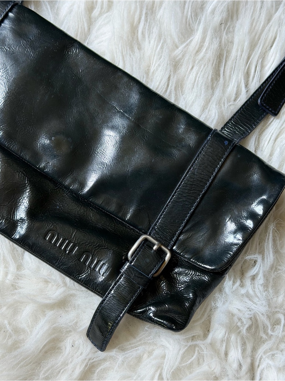 Vintage Miu Miu Blue Black Shiny Leather Wet Look Buckle Mini Shoulder Bag - Picture 2 of 14